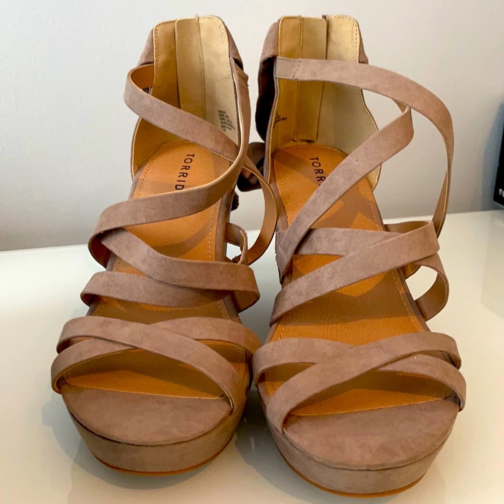 Torrid Taupe Ankle-Wrap Platform Wedge (11W)